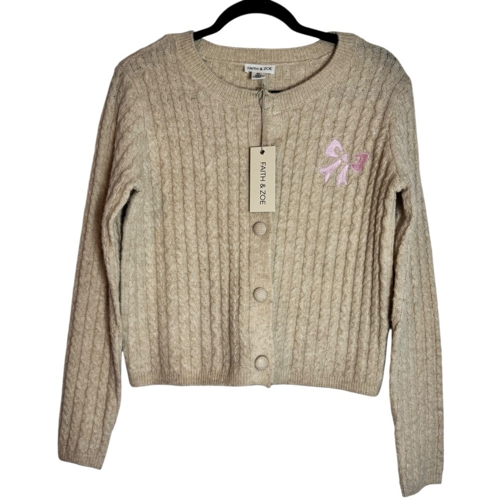 NWT Faith & Zoe Beige and Pink Bow Button Up Small Cable Knit Cardigan